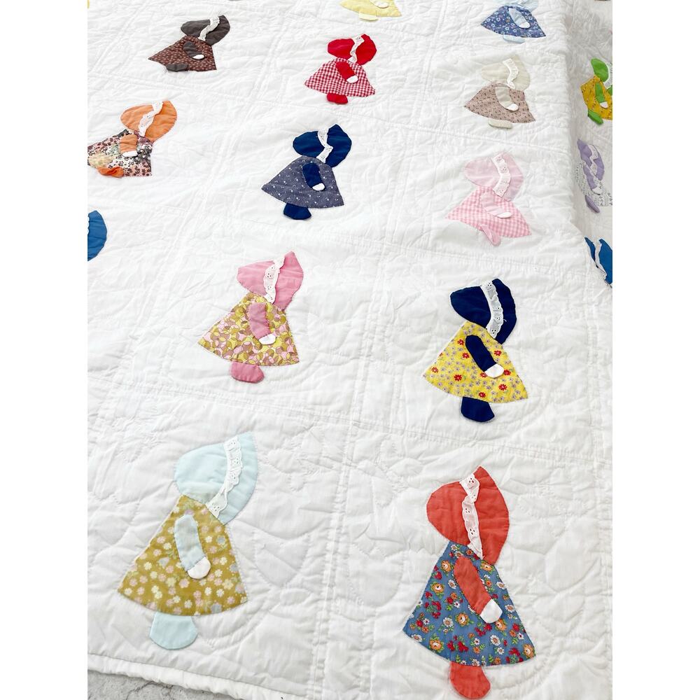 Handmade Appliqué Sunbonnet Sue Multicolor 3D Vintage 77x88” Twin - Picture 2 of 13